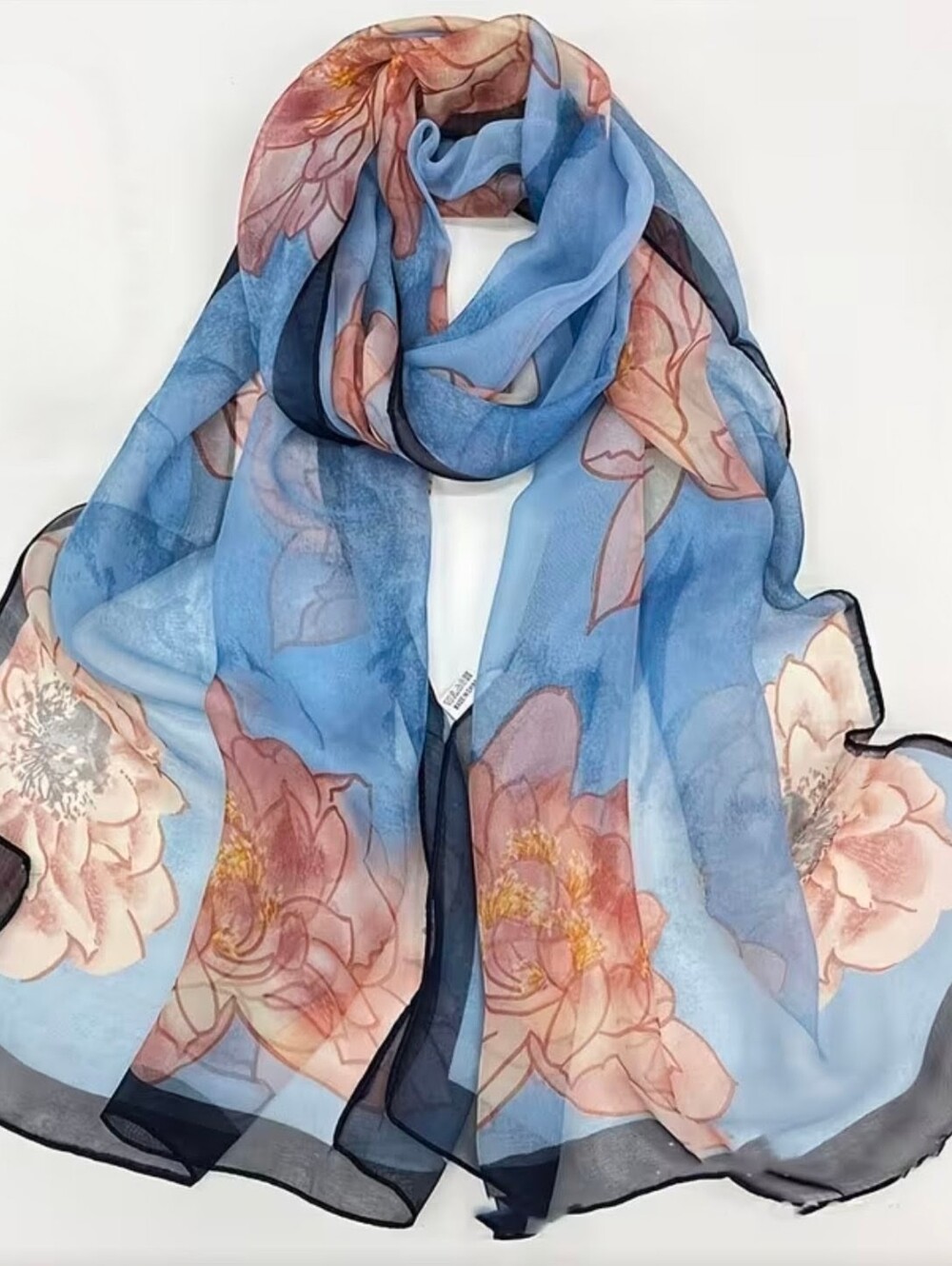 NWT Floral Chiffon Scarf Blue Peach Watercolor Peony Lightweight Shawl 63 × 20 - Picture 5 of 9